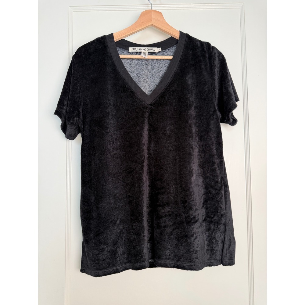 Michael‎ Stars Womens Black Chenille Knit V-Neck Short Sleeve Tee S Whimsigoth